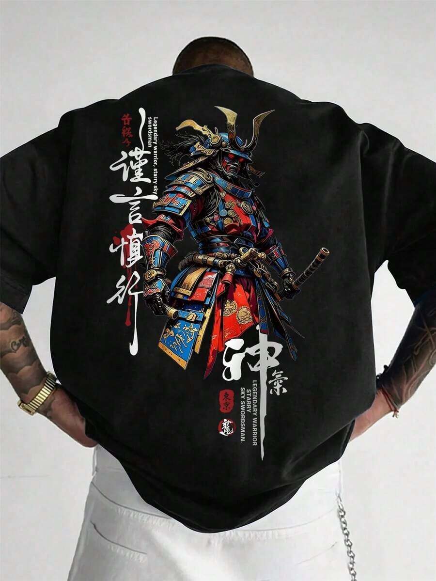 Camiseta de manga corta con cuello redondo y estampado de samurái urbano, versátil y a la moda para hombre, verano G1HW - Negro - Ver 1
