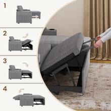 Corner Sofa Bed, L-Shaped Sleeper Sectional Couch Bed, 3-In-1 Corduroy Convertible Pull Out Sofa Bed With Adjustable Backrest, Storage And Cup Holder For Living Room, Grey - 3人位L型燈芯絨深灰色 - 查看 4