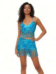 1 Set Sequin Tassel Dress Set Women's Two Pieces Crop Top Camisole Bag Hip-Lifting Mini Skirt Shiny Tassel Set Halloween - Multicolor - View 12