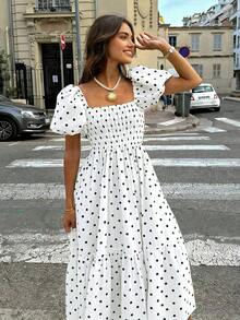 2026 Spring/Summer Women's Plaid Elegant Bohemian Casual Puff Sleeve Ruffle Hem Pleated Beige Dress, Women's Holiday Outfit, Women's Casual Outfit, Women's Elegant Dress, Wedding Guest Dress Women, Summer Holiday Outfits, Women's Concert Wear, Streetwear Outfits, Elegant Dresses Women, Holiday Outfits Women, Valentine's Outfits Women, Summer Dresses Women, Women's Concert Outfits Vacation - 白色 - 查看 5