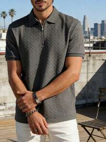 男士四分之一拉链 Polo 衫，纹理人字纹针织短袖休闲高尔夫球衫 - 灰色 - 查看 3