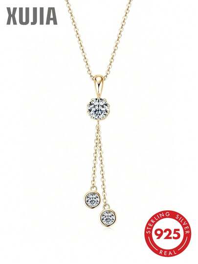 XUJIA 1pc 1.6 Carat Total Weight Moissanite Crown Necklace, 925 Sterling Silver, 6.5mm & 4mm Round Moissanite Tassel Pendant Necklace, Women's Jewelry Gift