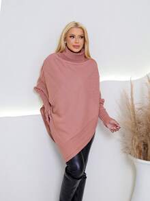 MONNEI Knitted Poncho With High Neck And Asymmetrical Batwing Sleeves, French Style - 乾枯玫瑰色 - 查看 3