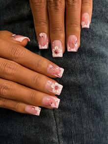 10片装Y2K风格管道形美甲贴片套装 - 手工制作，粉色、红色可选。手工3D花朵和3D瓢虫，3D瓢虫美甲艺术，手绘红茶花、梅花和白色波点图案，粉色小花元素装饰，精致优雅的美甲 - 适合派对和休闲装扮 - 彩色 - 查看 4