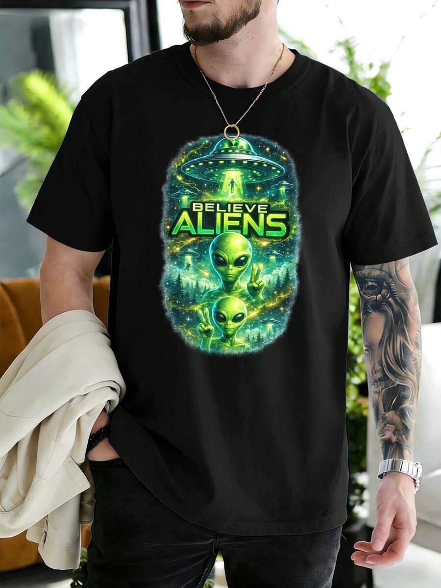 T-shirt nera da uomo con stampa grafica aliena, tessuto di qualità, vestibilità comoda, traspirante, stile street hip-hop, design grafico - nero - Visualizzare 1