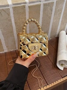 新款时尚纯色菱形亚克力迷你包，口红包，串珠手提包，配链条肩带，单肩斜挎包 - 金色 - 查看 9