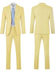 Men's Suit 2-Piece Set - Solid Seersucker Single-Breasted Jacket, Essential For Casual Activities, Weddings, Parties, And Business Occasions, Classic Tailoring Formal Style, High-Quality Tailored Seersucker Fabric, Fashionable Gentleman Style - 黃色 - 查看 4