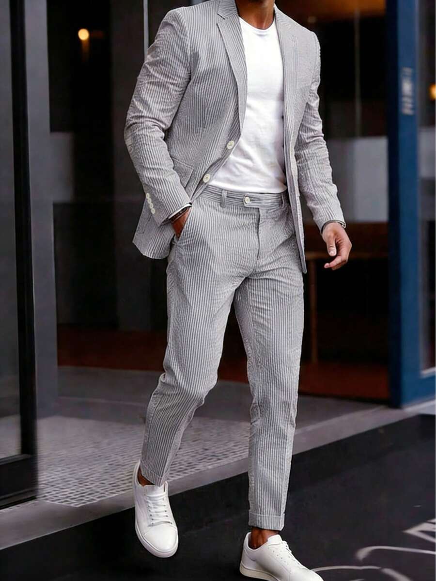 Men's Suit 2-Piece Set - Solid Seersucker Single-Breasted Jacket, Essential For Casual Activities, Weddings, Parties, And Business Occasions, Classic Tailoring Formal Style, High-Quality Tailored Seersucker Fabric, Fashionable Gentleman Style - 灰色 - 查看 1
