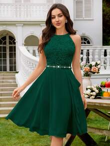 花卉蕾丝荷叶边高领雪纺摆裙，优雅半正式婚礼宾客礼服，适合生日、毕业典礼、返校季及其他场合，春季款。 - 墨綠色 - 查看 5