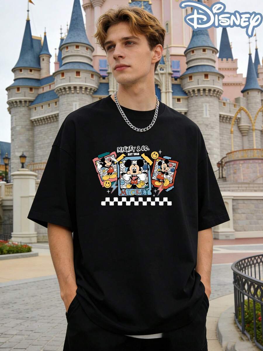 Disney Officially Licensed Mickey Mouse & Friends Retro 220g 100% Cotton T-Shirt, Unisex Regular Fit Casual Streetwear - 黑色 - 查看 1