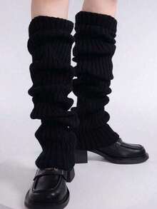 1 Pair Women Solid Color Vertical Striped Warm Decorative Cute Leg Warmers, Suitable For Spring, Autumn And Winter - Black - View 8