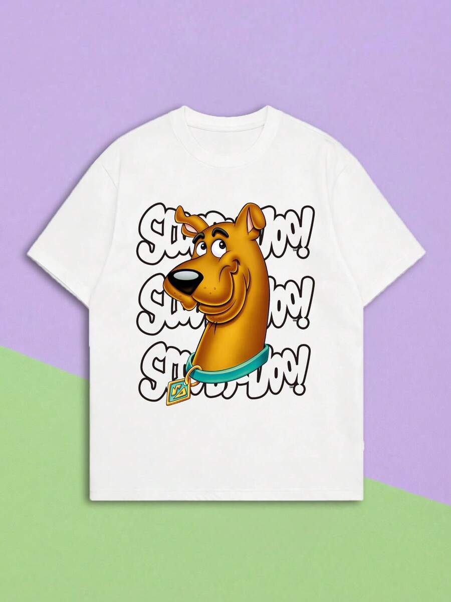 SHEIN X SCOOBY-DOO 女士休闲宽松短袖T恤，经典圆领卡通狗头印花，可爱复古动漫图案上衣，怀旧街头风服饰，适合日常穿着、动漫主题派对、度假、Y2K美学，提供大码尺码，百搭休闲上衣，卡通图案T恤 - 白色 - 查看 1