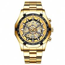 GUANQIN 1 pieza Reloj de pulsera vintage dorado transparente y hueco para hombres, manecillas luminosas, caja de acero inoxidable, moda casual de negocios, clásico, adecuado para Pascua, Halloween, Navidad, Día del Padre, cumpleaños, regreso a clases, estudiante, vacaciones, San Valentín, cita, negocios, uso diario, regalo, festival de música, temporada de bodas - Dorado - Ver 5