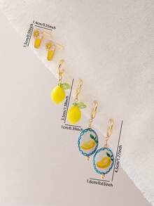 3 Pairs Handmade Ceramic Summer Fruit Lemon Stud Earrings Set For Women, Enameled Cocktail Earrings, Boho Vacation Style Jewelry - Multicolor - View 2