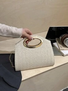 Túi cầm tay đan bằng rơm mới, túi xách dự tiệc sang trọng, thiết kế độc đáo cá tính, túi dạ hội thanh lịch dành cho nữ. - Màu be - Xem 2