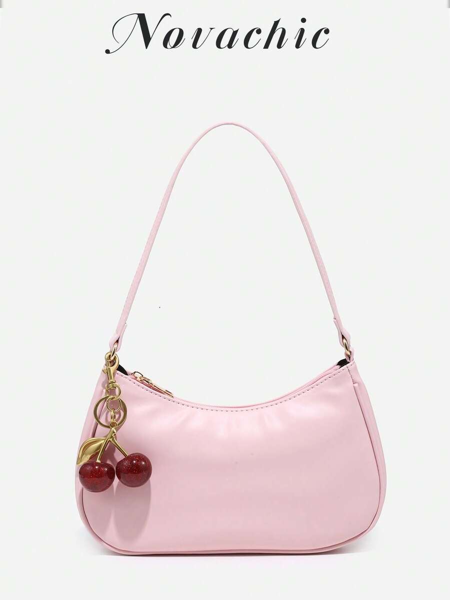1pc Novachic Spring/Summer Fabric Cute Cherry Decor Minimalist Shoulder Bag, Zipper Closure, Retro Style, Underarm Bag, Suitable For Multiple Occasions - Baby Pink - View 1