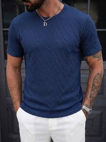 男士提花藏蓝色短袖T恤，复古圆领修身弹力休闲通勤百搭轻薄款，夏季款 - 藏蓝色 - 查看 10