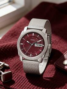 Fossil Đồng hồ nam FS6014 mặt đỏ, máy quartz - Dây đeo lưới bằng thép không gỉ, có lịch. - Bạc - Xem 2