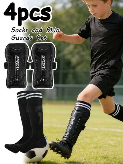 4pcs Kids & Teens 6-12 Years Soccer Shin Guards With Strap, And Striped Knee-High Sports Soccer Leg Warmers Set, Professional Football Training Gear, Breathable, Quick-Dry, Non-Slip, Sweat-Absorbent, Suitable For Boys And Girls