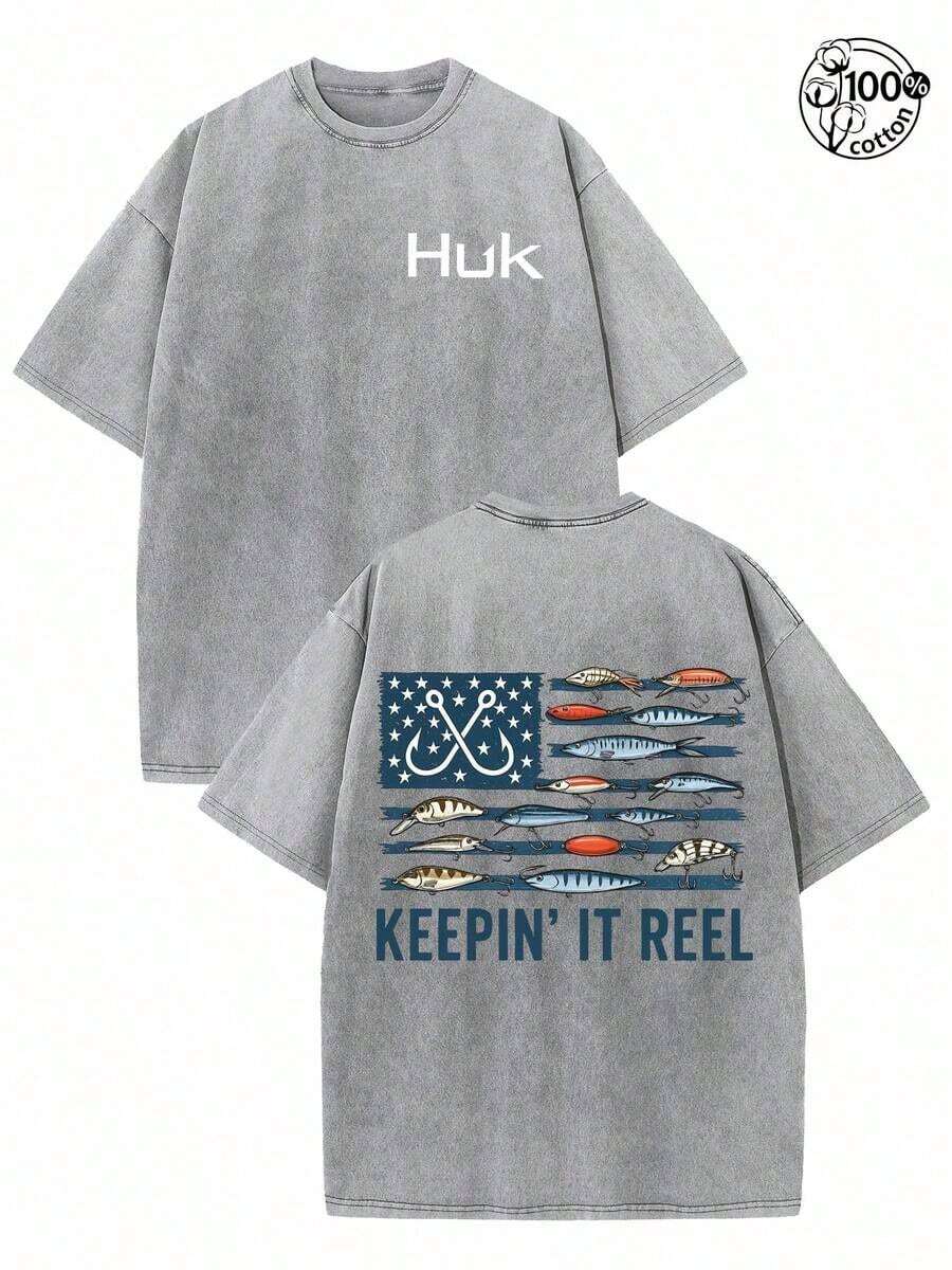 Women's Graphic Tee HUK Heavyweight 230GSM Fishing T-Shirt - American Flag & Fish Print Back-To-Back Print, "KEEPIN' IT REEL" Slogan - Men's & Women's Crewneck Tee For Anglers, Door Activities, Streetwear - Machine Washable Casual Shirt Gift, Angler Clothing, Bold Print Top, Durable FabricLoose And Comfortable Camiseta Playeras Para Mujer Summer Clothes - Grey - View 1