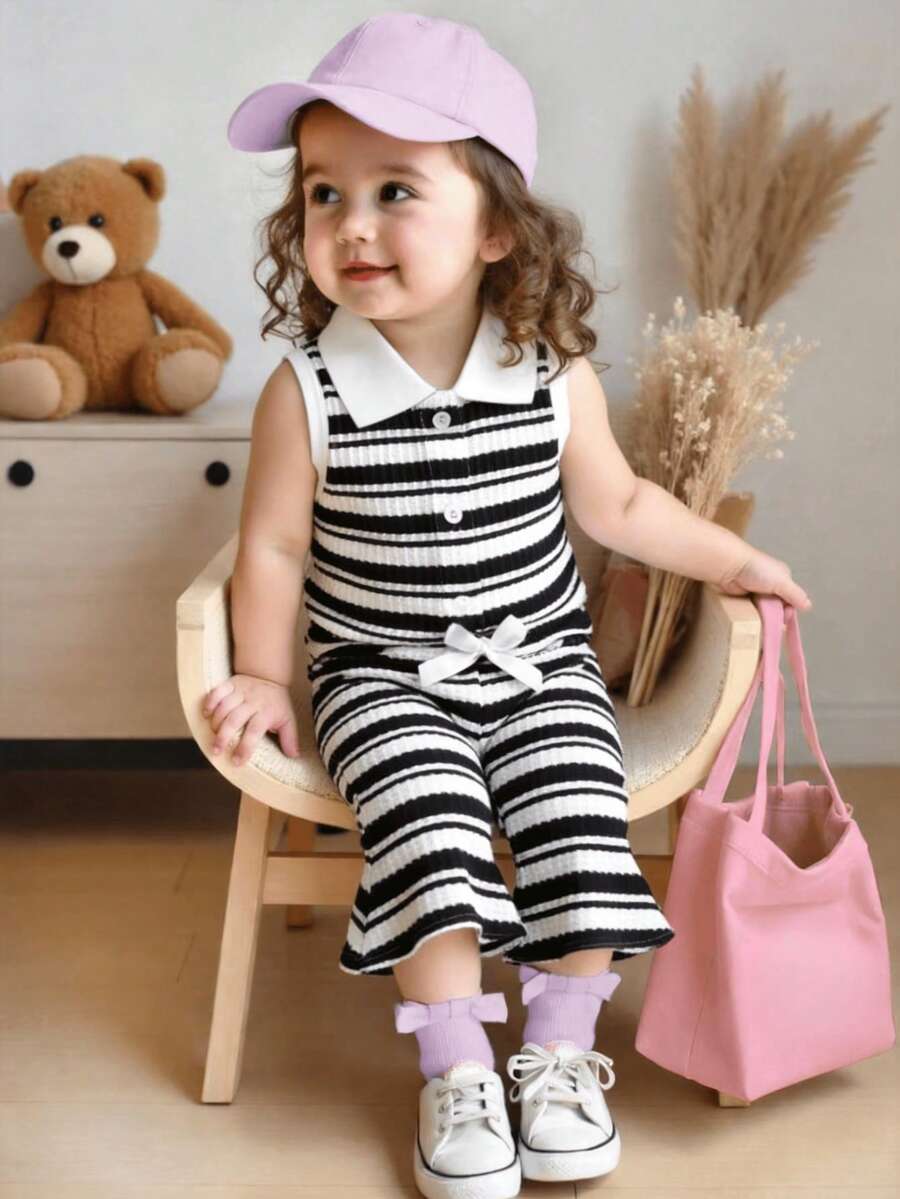 两件套婴儿条纹背心配可爱蝴蝶结和喇叭裤套装 - 黑色 - 查看 1