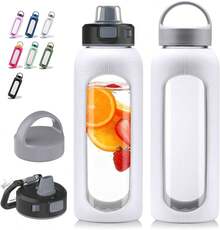 Motivational 32oz Borosilicate Glass Water Bottle White With Marker Straw 2 Lids Dishwasher Drink Bottle With Protective Silicone Sleeve For Gym Travel Daily Hydration - trắng - Xem 9