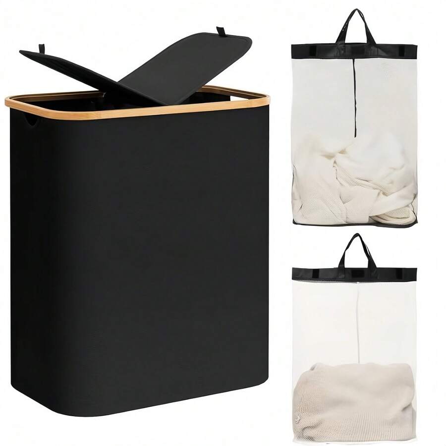 Extra Large Laundry Basket With Lid - Dual Compartment Fabric Sorter With Removable Bag And Handles, Pre-Sorting Design For Easy Cleaning, Suitable For Bedroom, Bathroom And Dorm, Home Laundry Hamper | Practical Lid Design | Fabric Laundry Basket, Laundry Room Accessory, Laundry Basket