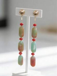 1 par de pendientes elegantes de estilo bohemio con semicírculo dorado, bloques asimétricos de resina con patrón verde, cuentas planas naranja-rojo y borlas hechas a mano. Adecuados para vacaciones, fiestas, uso diario, Día de la Madre, Acción de Gracias y otras festividades. Diseñados para damas sexys y encantadoras. Patrones y colores de resina aleatorios, cada pieza de resina tiene una marca de inyección, por favor entienda. - Multicolor - Ver 5