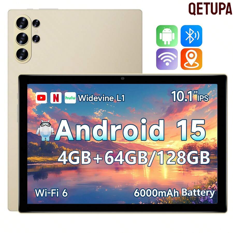 Qetupa Android 15 Tablet PC, 10.1-Inch Display, 4GB RAM, 128GB ROM, Wi-Fi 6, 5MP Front/13MP Rear Camera, 1280*800 IPS Touchscreen, 6000mAh Battery