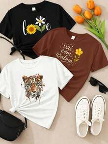 Set Of 3 Women's T-Shirts, 100% Cotton, Printed – Casual Fashion, Sizes S, M, L, XL, Comfort And Style - 黑/白/棕 - 查看 1