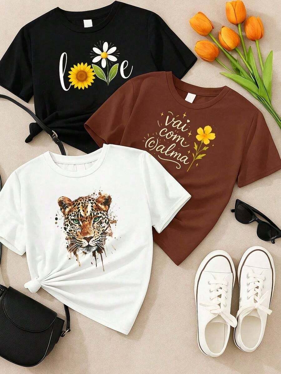 Set Of 3 Women's T-Shirts, 100% Cotton, Printed – Casual Fashion, Sizes S, M, L, XL, Comfort And Style - 黑/白/棕 - 查看 1