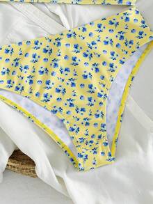 Bộ bikini hai mảnh mùa hè, kiểu dáng ngọt ngào cho kỳ nghỉ biển, họa tiết hoa nhí màu vàng, cổ vuông, phối họa tiết kẻ caro tương phản, dây đeo vai, cạp cao. - Nhiều màu - Xem 7