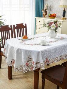 1 chiếc khăn trải bàn Jacquard thêu hoa, khăn trải bàn hình bầu dục lãng mạn bằng polyester, thêu rỗng, chống bụi và chịu nhiệt, thích hợp cho bàn ăn, bàn cà phê, trang trí nhà cửa hàng ngày, đám cưới, tiệc tùng, ngày lễ. - Hồng - Xem 1
