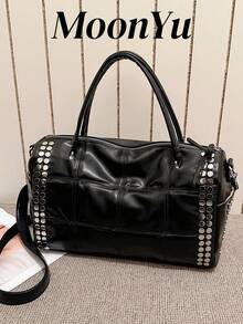 Women's Tote Bag, Fashion Personalized Rivet Inlaid Super Cool Punk Connector Large Bag, Suitable For Traveling And Shopping, Black Color - Black - View 3