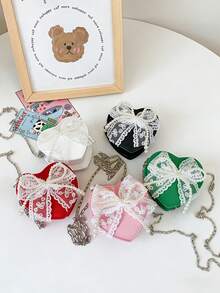 心形拉链蕾丝小包，少女风蕾丝珍珠蝴蝶结迷你斜挎包，时尚链条零钱包 - A - 查看 2