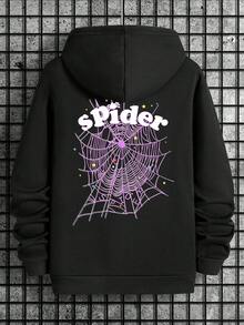 Graphic Hoodie Spider Print Drawstring Pullover Autumn Y2K Long Sleeve Sweatshirt Streetwear - [背面印花]粉白2 - 查看 8