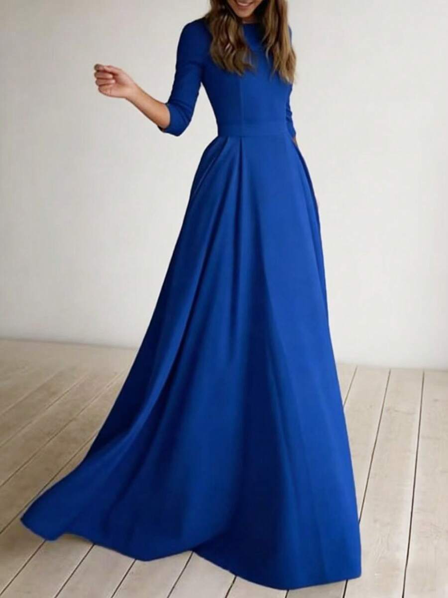 Solid Color Elegant Pleated Knit Wedding Guest Dress Spring - Blue - View 1