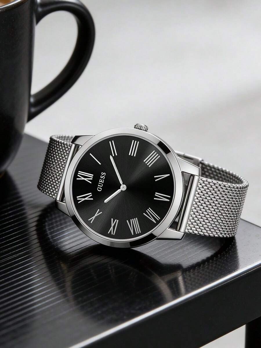 Guess Đồng hồ nam tối giản, dây đeo kim loại lưới màu bạc cổ điển thanh lịch, mặt số đen với chữ số La Mã, thiết kế mỏng nhẹ, phù hợp cho cả công sở và thường ngày. - Bạc - Xem 1