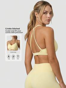 Sodalemon Women's Yoga Elastic Fitness Tank Top, Padded Racerback Design, Solid Color Sports Bra For Workout, Running, Exercise - Yellow - View 1