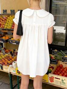Women's White Peter Pan Collar Puff Sleeve Babydoll Mini Dress, Back Button Detail Gathered Summer Casual Dress - 白色 - 查看 6