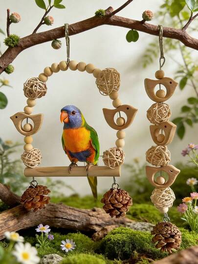 1pc Parrot Wooden Swing Hanging Toy, Parrot Swing Chew Toy, Parrot Toy, Bird Cage Accessory, Suitable For Cockatiel/Peach-Faced Lovebird/Eclectus Parrot And Other Birds
