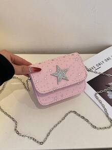Mini Fashion Chain Shoulder Bag, Star Diamond Stylish Shoulder Bag, Mini Lipstick Coin Purse - Baby Pink - View 5