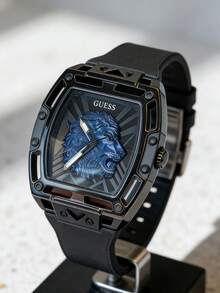 Guess Reloj de hombre con esfera azul con león en relieve, correa de silicona negra, caja de carcasa hueca de cuarzo, reloj deportivo de moda urbana y estilo hip-hop, adecuado para hombres, regalo de cumpleaños, aniversario perfecto para padre, amigo, esposo - Negro - Ver 10