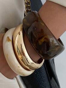 3件套复古树脂琥珀纹理亚克力手镯，时尚可叠戴设计，适合女性日常佩戴（树脂手镯颜色可能因批次略有不同） - 彩色 - 查看 2