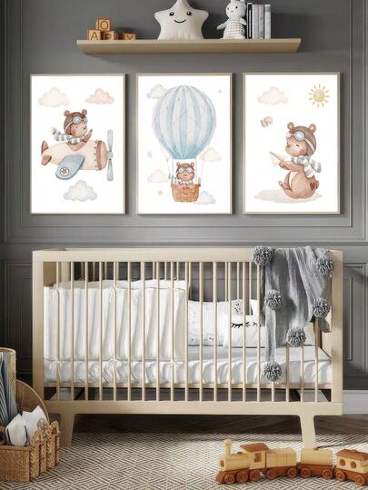 1pc Canvas Wall Art With Frame, Suitable For Children's Room, Bear And Airplane Theme Kids Room Art, Teddy Bear Theme Children's Room Wall Art, Ideal For Nursery, Playroom, Kindergarten, Boys/Girls Room And Play Area, Waterproof, Party Gift, Newborn Gift, Boho Style Decor Poster