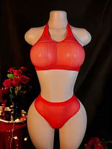 性感露背针织网纱内衣套装，透视钩编露脐上衣和丁字裤，两件套女士睡衣 - 紅色 - 查看 6