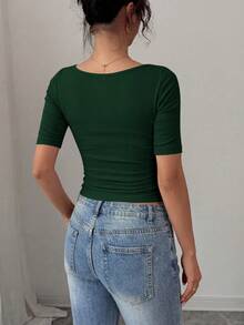 PRETTYGARDEN Womens Summer Short Sleeve Tops Boat Neck Ribbed Knit Slim Fit T Shirt Casual Basic Top Y2K Clothes - 墨綠 - 查看 2