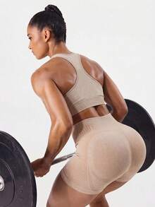 TCVC 2026 New Seamless Sports Set For Women, Racerback Sports Bra Top + High Waist Letter Print Shorts, Elastic Breathable Moisture-Wicking Fitness Outfit, Suitable For Yoga, Running, Commuting, Date 2pcs/Set - Champagne - View 6