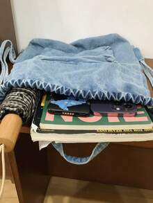 1 chiếc balo denim màu xanh đậm, dây rút, dung tích lớn, nhiều ngăn, khóa kéo, kiểu dáng thường ngày dành cho nam giới và đi làm. - Nhiều màu - Xem 5