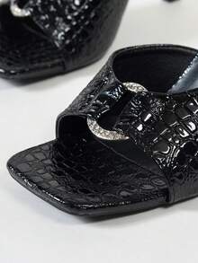 2026 Summer New Rhinestone Buckle Crocodile Embossed Square Toe High Heel Sandals, Exquisite Fashion Luxury Quality Versatile Ladies Sandals - Black - View 5
